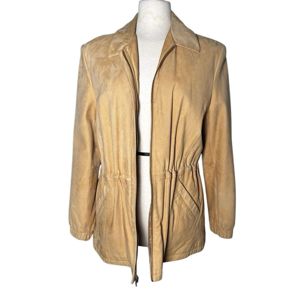 Vintage 80s 90s Waist Cinched Tan Brushed Matte leather jacket Classic Coat L